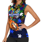Bulldogs Autism Awareness Women Sleeveless Polo Shirt Puzzle Flames Rugby Ball