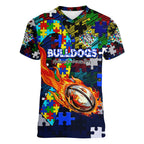 Bulldogs Autism Awareness Women V-Neck T-Shirt Puzzle Flames Rugby Ball