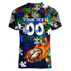 Bulldogs Autism Awareness Women V-Neck T-Shirt Puzzle Flames Rugby Ball
