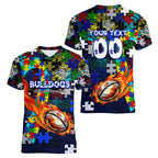 Bulldogs Autism Awareness Women V-Neck T-Shirt Puzzle Flames Rugby Ball