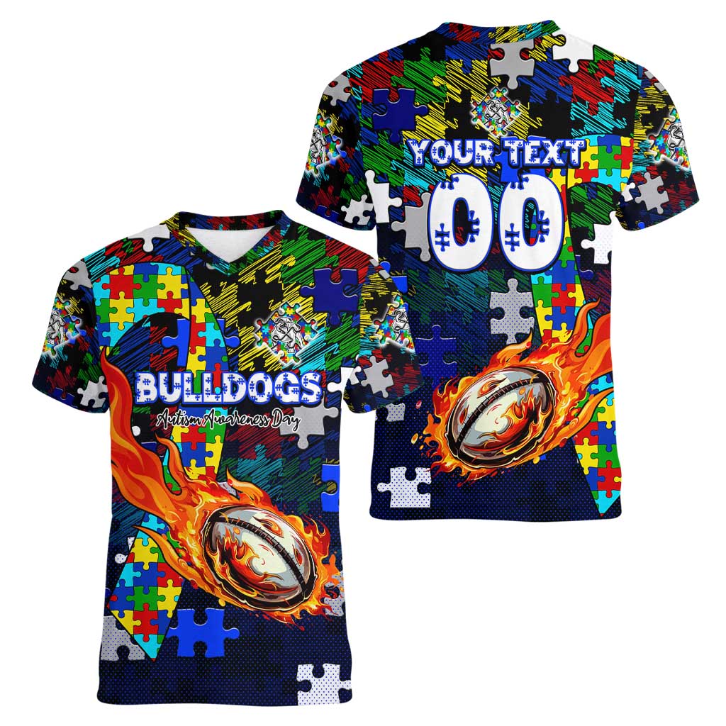 Bulldogs Autism Awareness Women V-Neck T-Shirt Puzzle Flames Rugby Ball