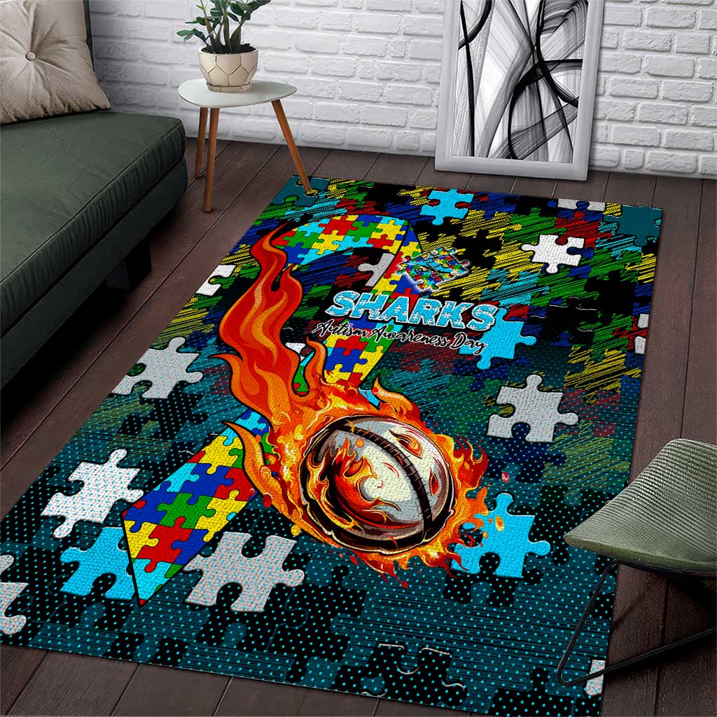 Sharks Autism Awareness Area Rug Puzzle Flames Rugby Ball