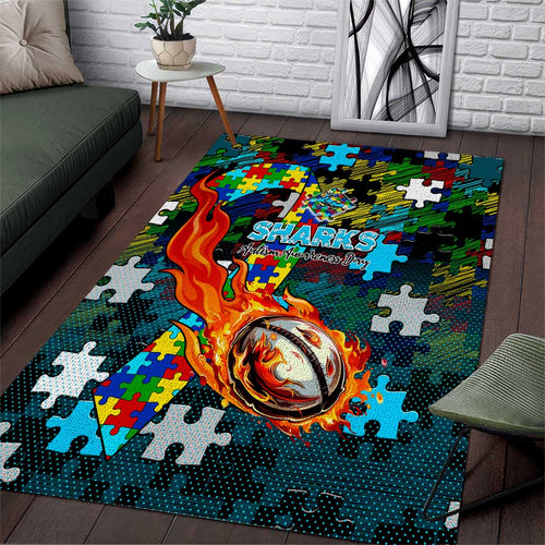 Sharks Autism Awareness Area Rug Puzzle Flames Rugby Ball