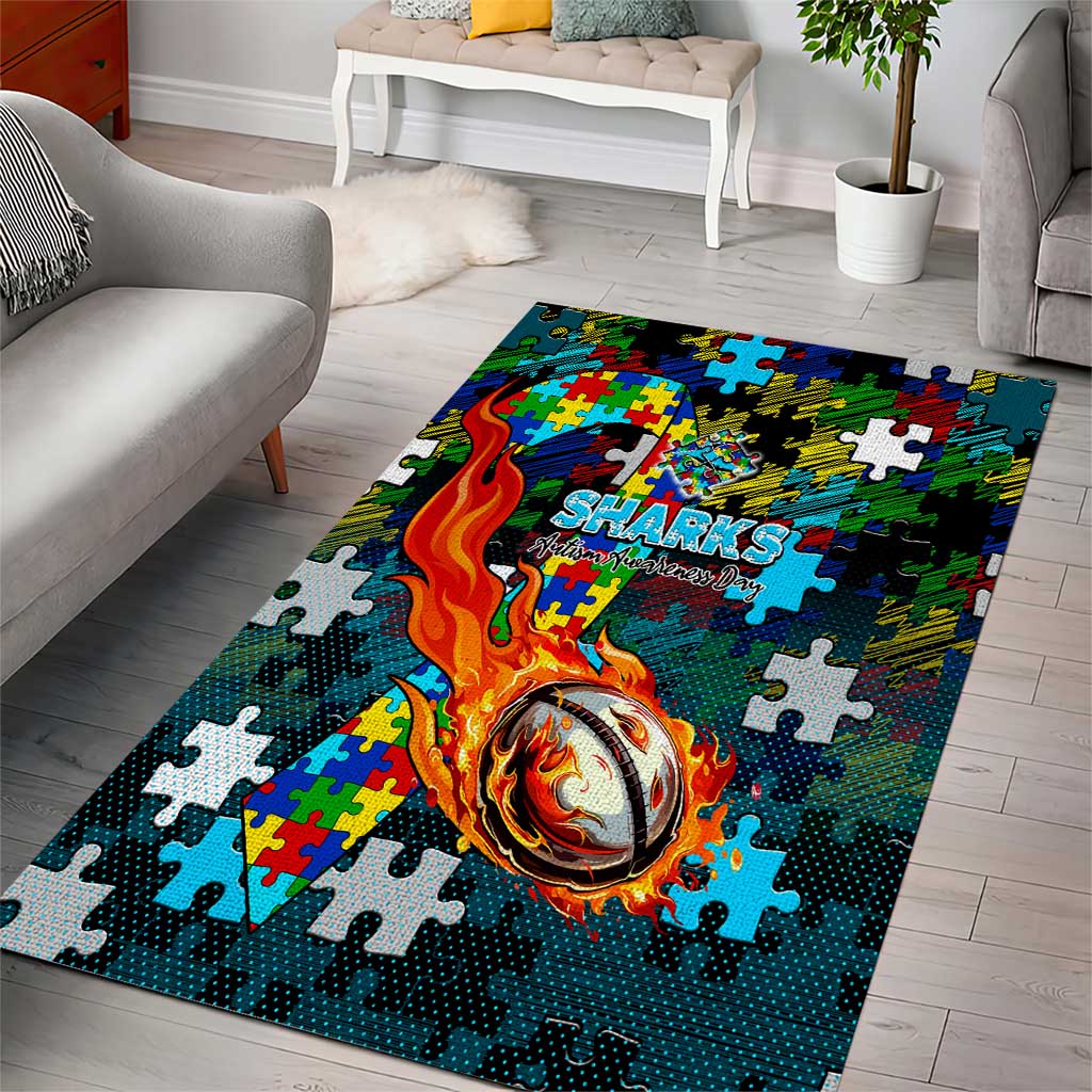 Sharks Autism Awareness Area Rug Puzzle Flames Rugby Ball
