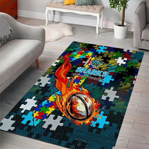 Sharks Autism Awareness Area Rug Puzzle Flames Rugby Ball
