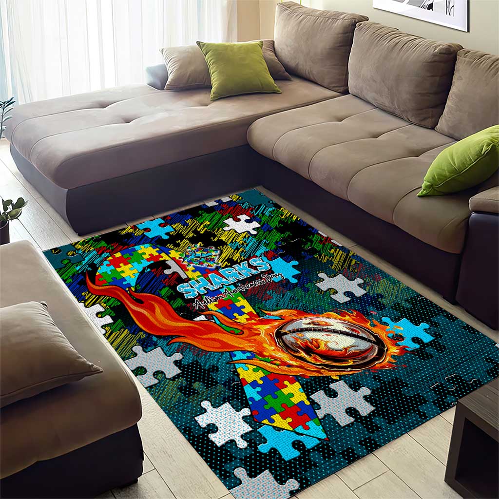 Sharks Autism Awareness Area Rug Puzzle Flames Rugby Ball
