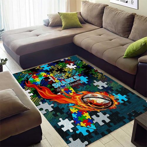 Sharks Autism Awareness Area Rug Puzzle Flames Rugby Ball