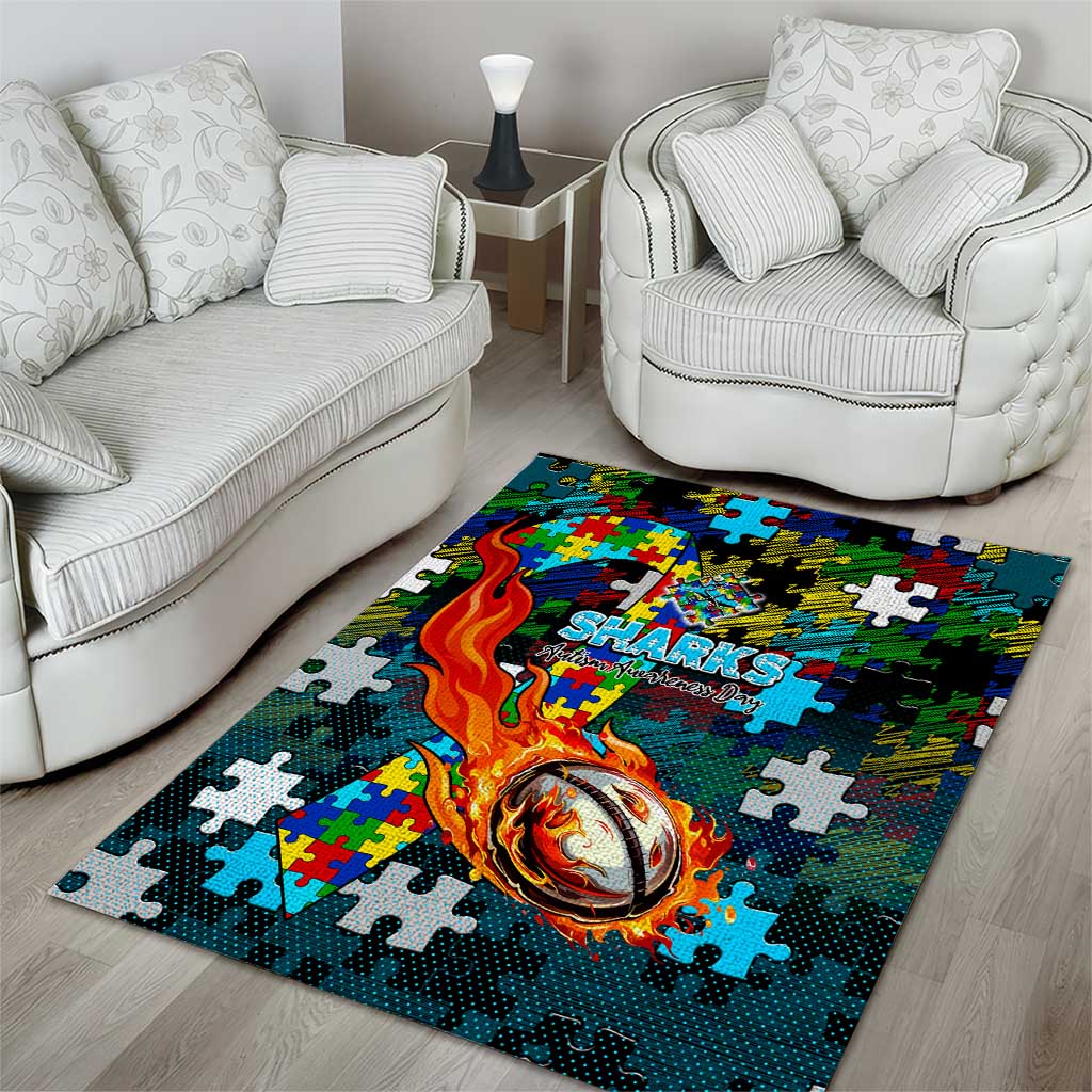 Sharks Autism Awareness Area Rug Puzzle Flames Rugby Ball