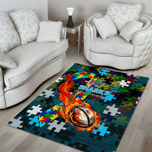 Sharks Autism Awareness Area Rug Puzzle Flames Rugby Ball