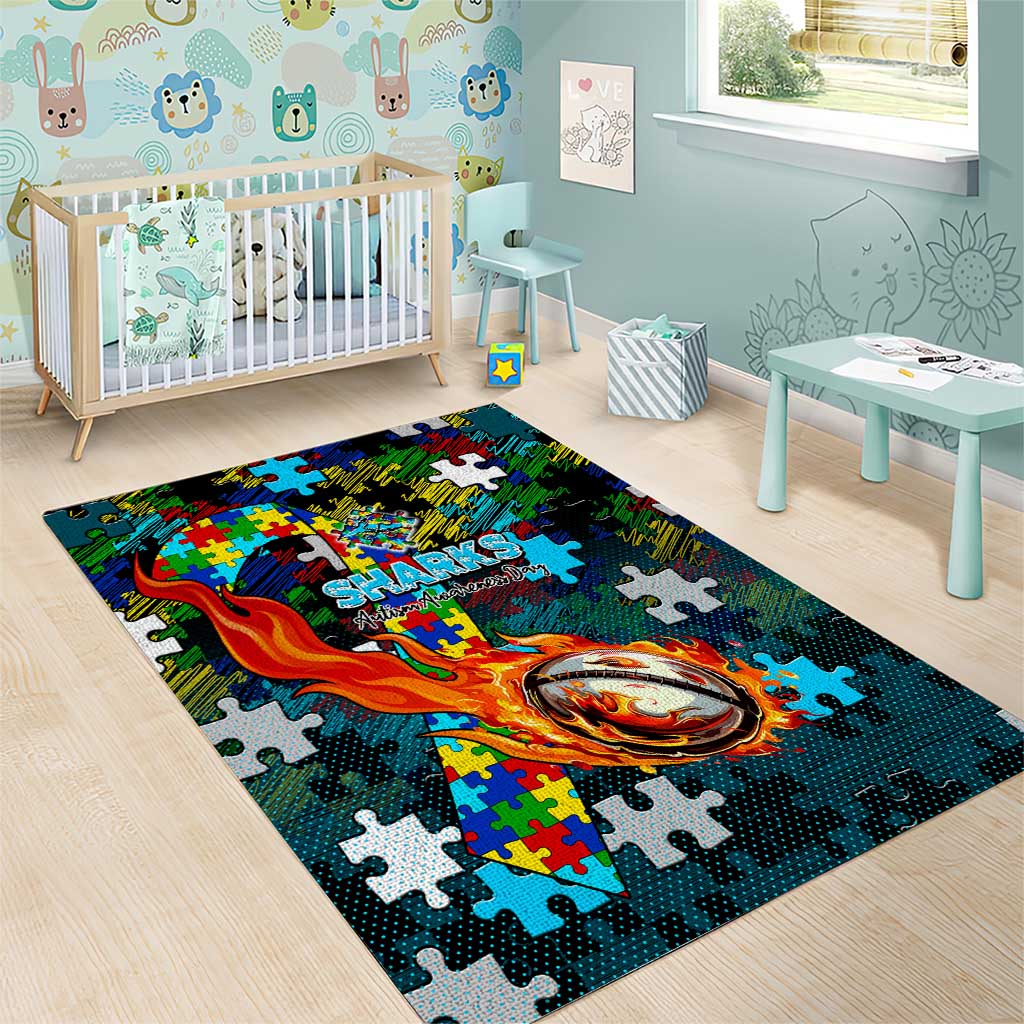 Sharks Autism Awareness Area Rug Puzzle Flames Rugby Ball