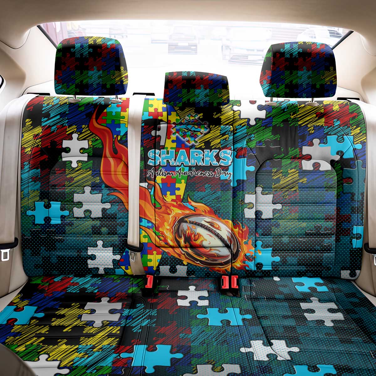 Sharks Autism Awareness Back Car Seat Cover Puzzle Flames Rugby Ball