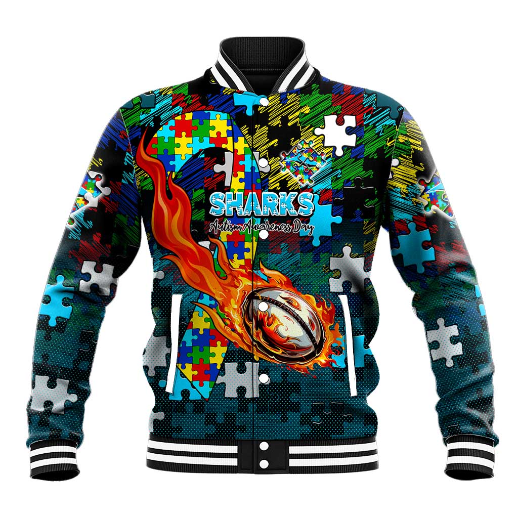 Sharks Autism Awareness Baseball Jacket Puzzle Flames Rugby Ball