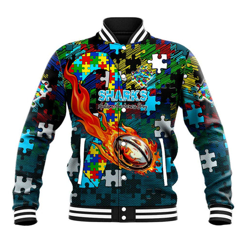 Sharks Autism Awareness Baseball Jacket Puzzle Flames Rugby Ball