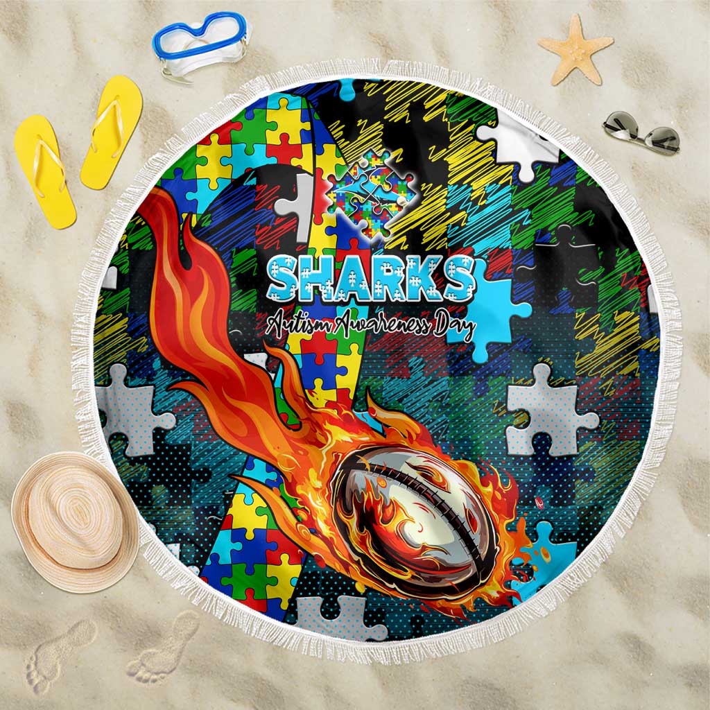Sharks Autism Awareness Beach Blanket Puzzle Flames Rugby Ball