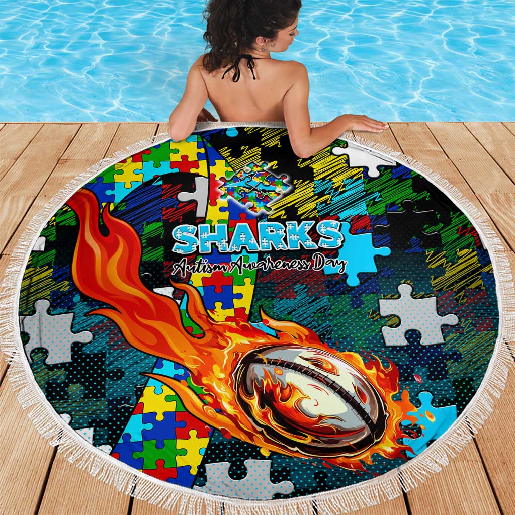 Sharks Autism Awareness Beach Blanket Puzzle Flames Rugby Ball