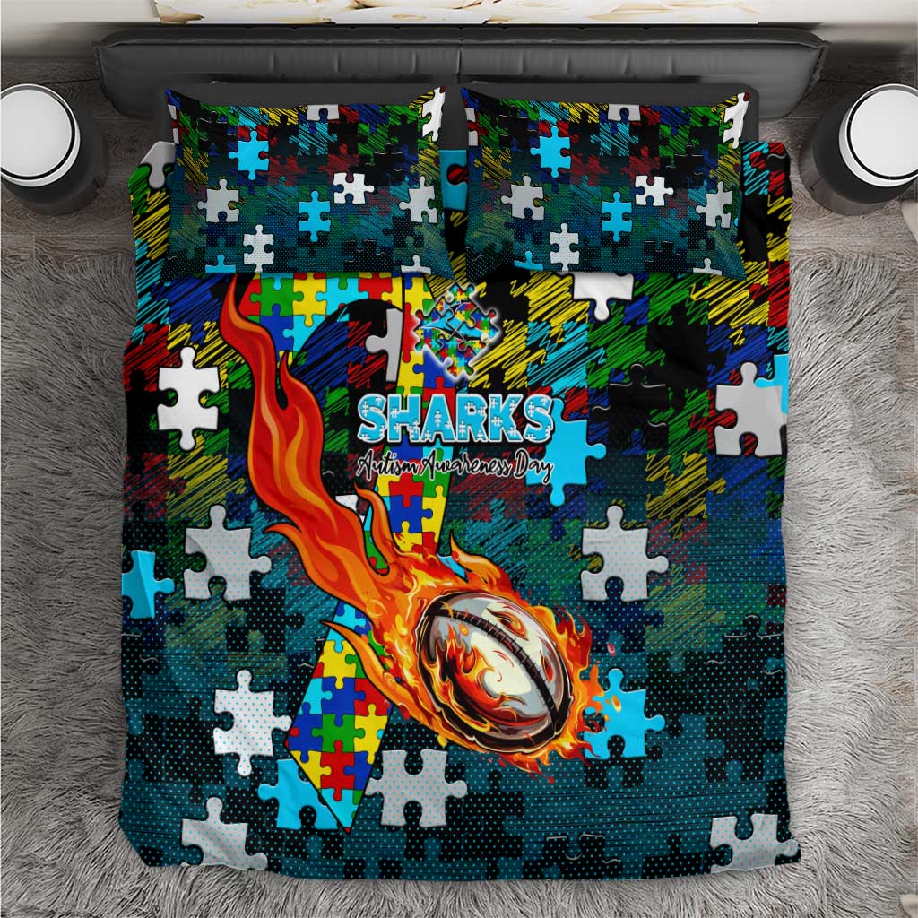 Sharks Autism Awareness Bedding Set Puzzle Flames Rugby Ball