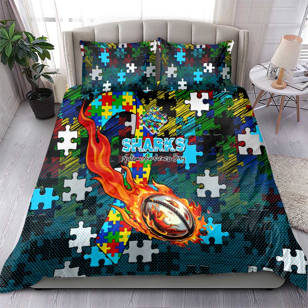 Sharks Autism Awareness Bedding Set Puzzle Flames Rugby Ball