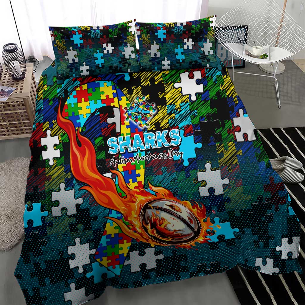 Sharks Autism Awareness Bedding Set Puzzle Flames Rugby Ball