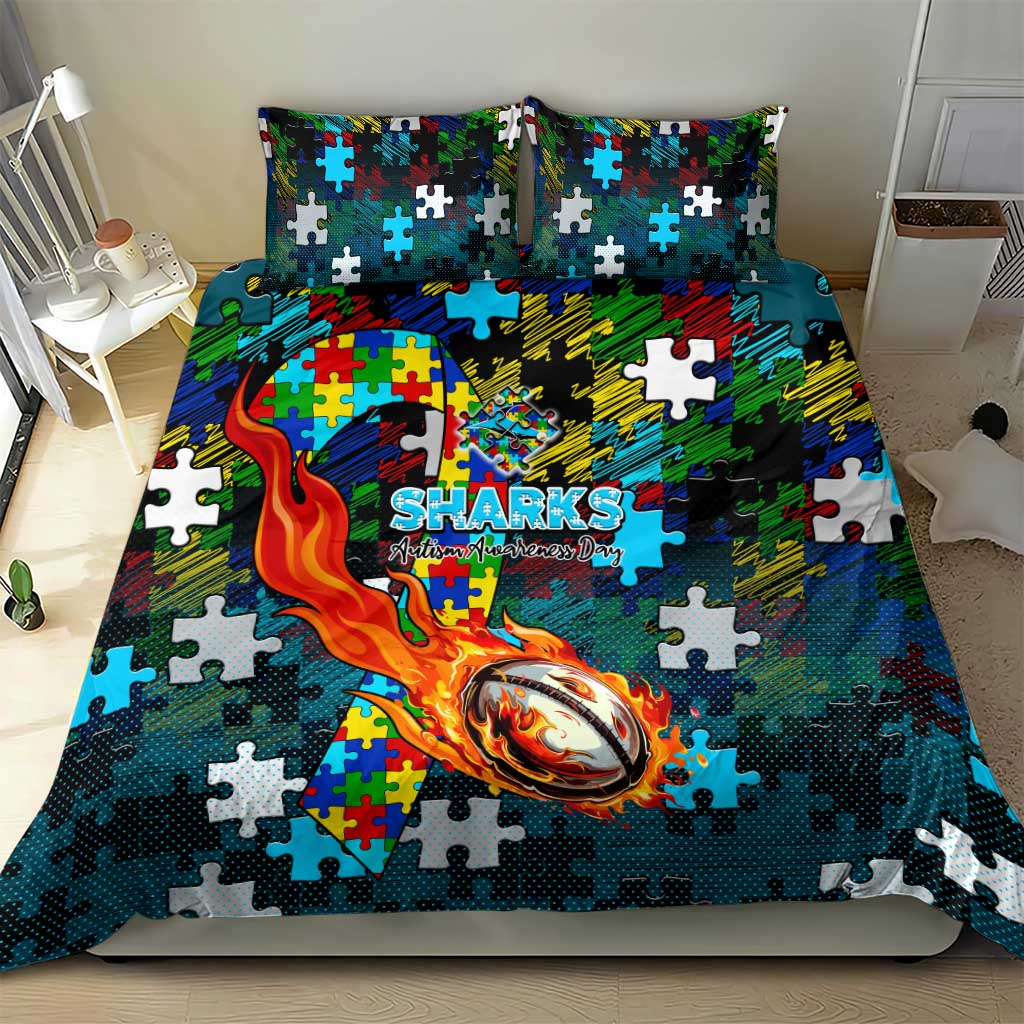 Sharks Autism Awareness Bedding Set Puzzle Flames Rugby Ball