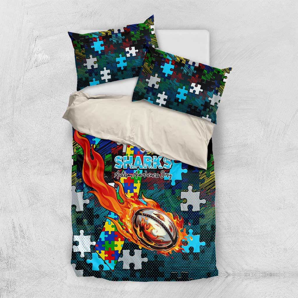 Sharks Autism Awareness Bedding Set Puzzle Flames Rugby Ball