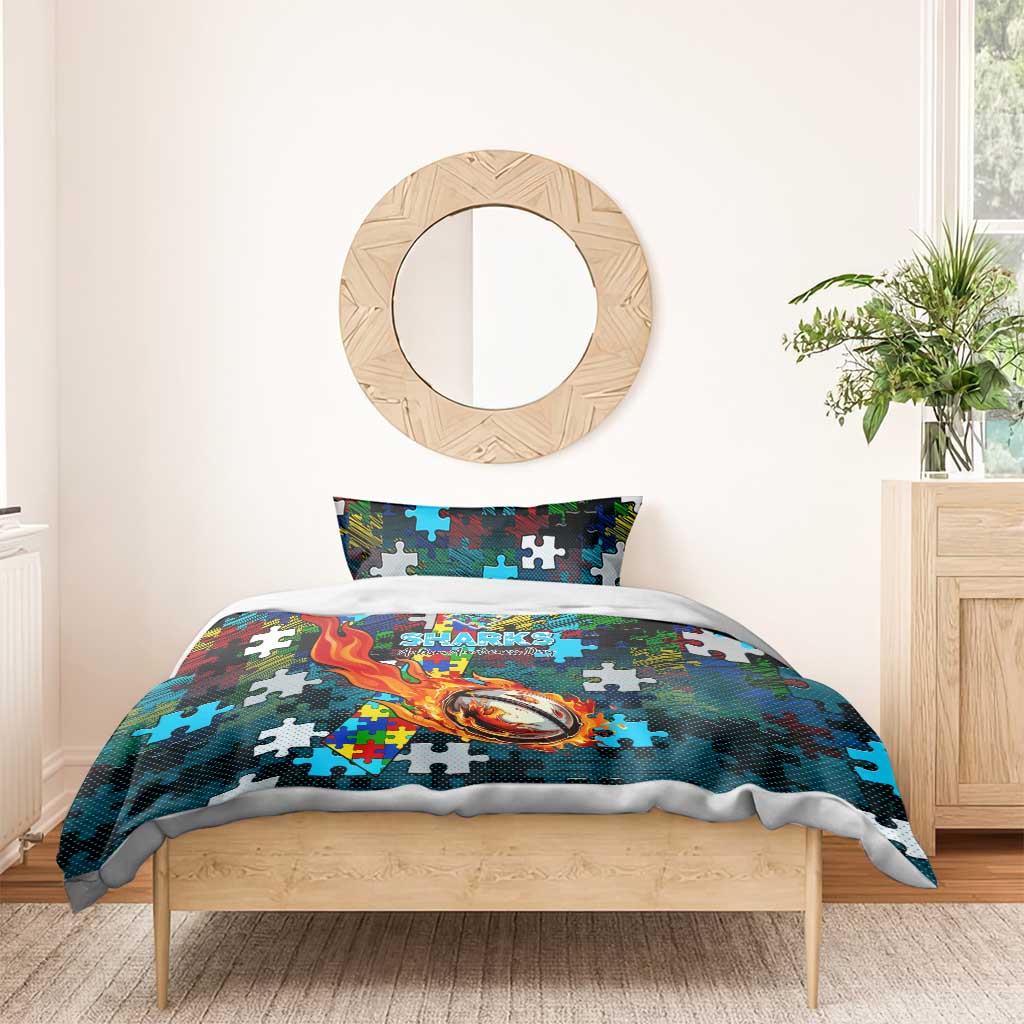 Sharks Autism Awareness Bedding Set Puzzle Flames Rugby Ball
