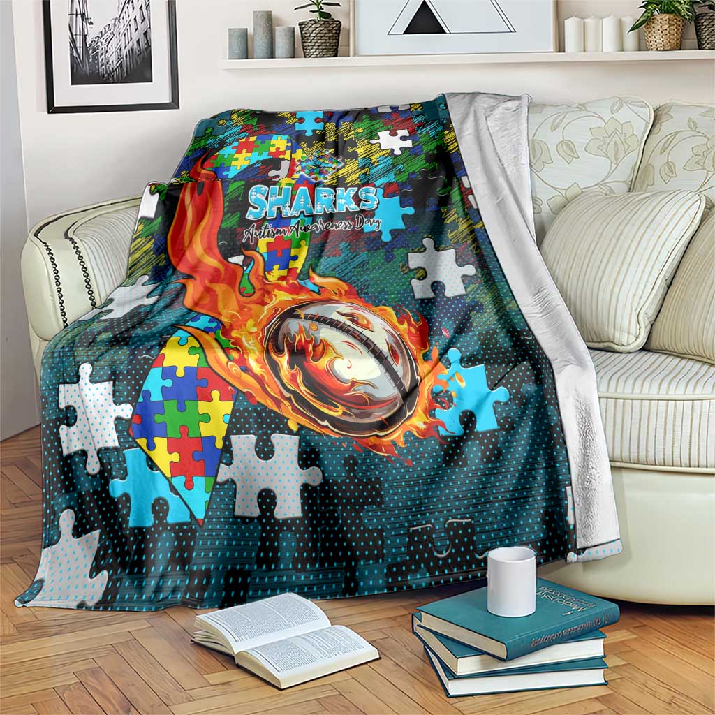 Sharks Autism Awareness Blanket Puzzle Flames Rugby Ball