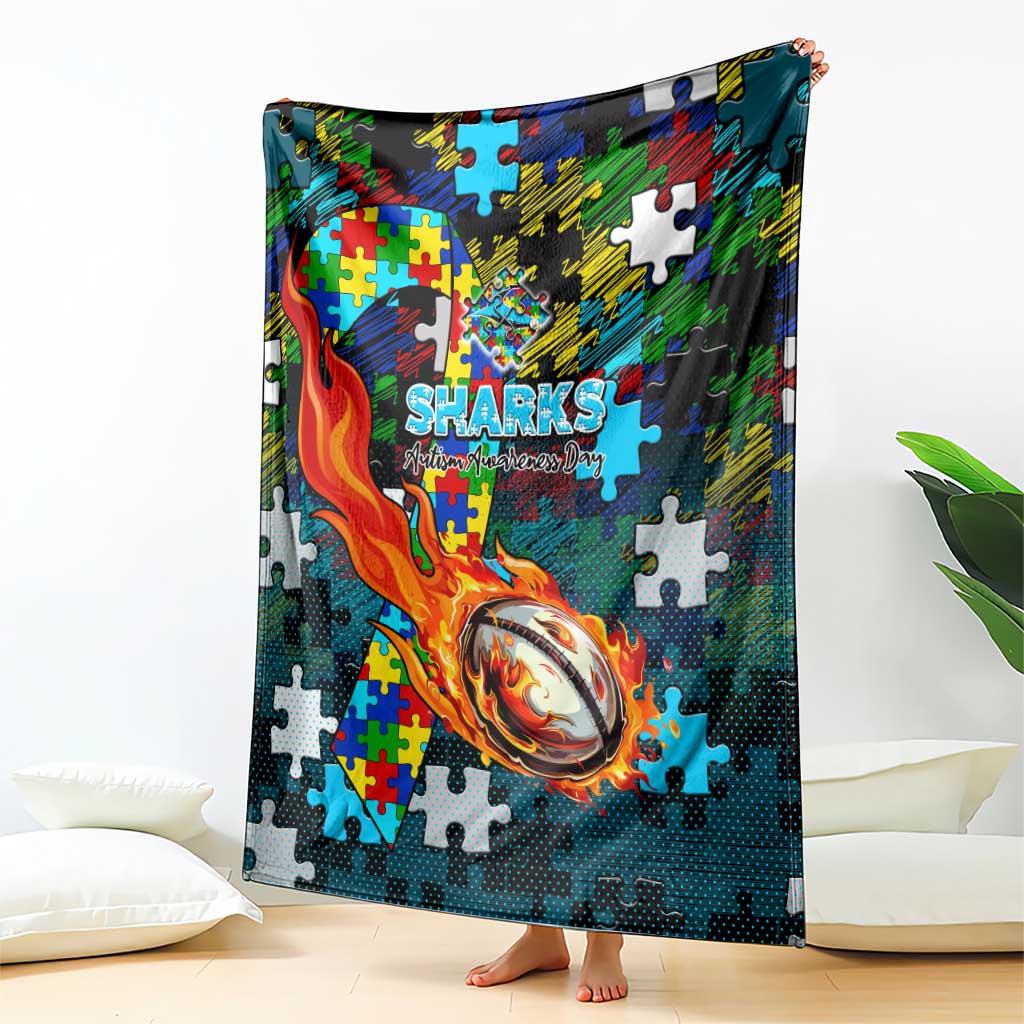 Sharks Autism Awareness Blanket Puzzle Flames Rugby Ball