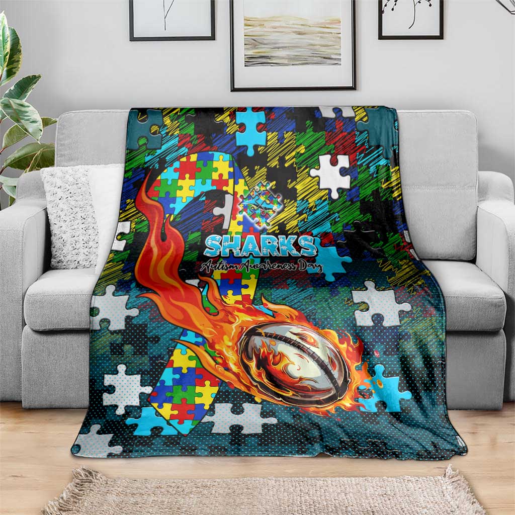 Sharks Autism Awareness Blanket Puzzle Flames Rugby Ball