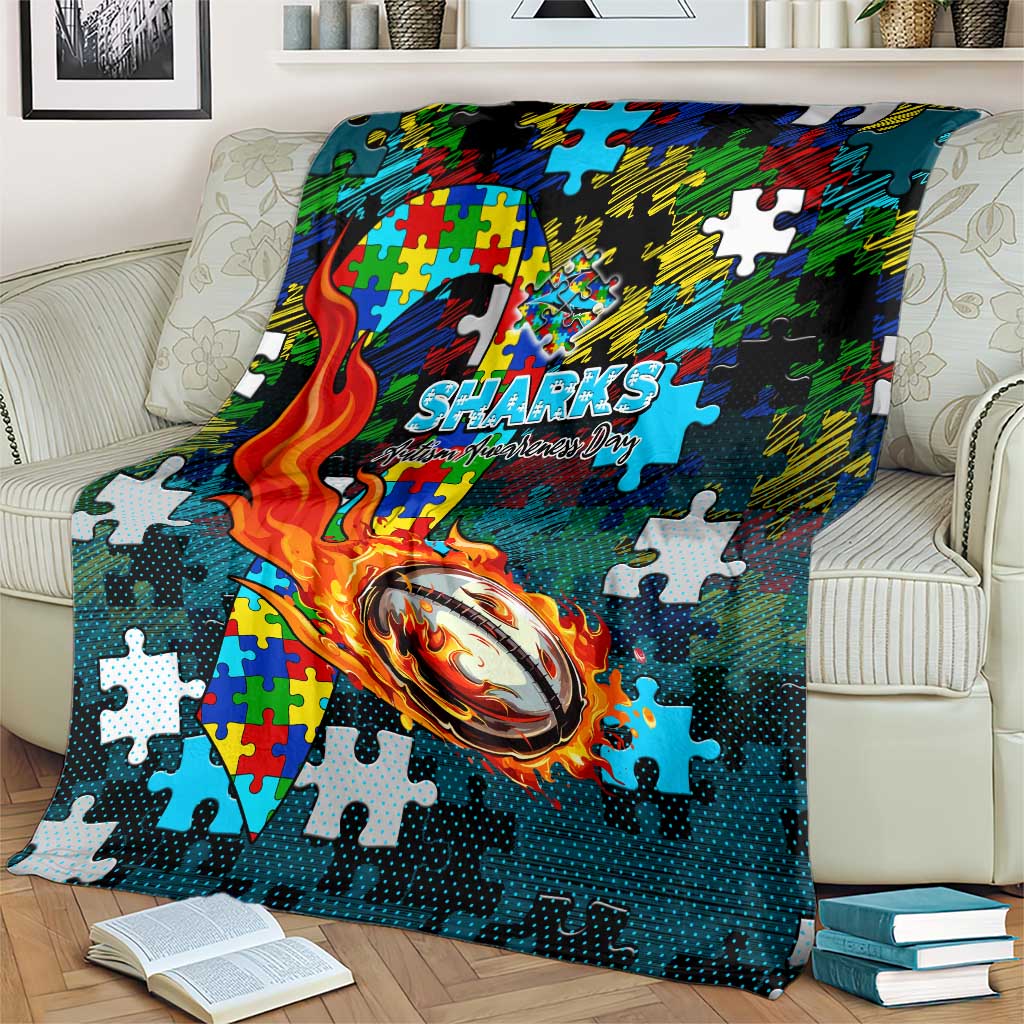 Sharks Autism Awareness Blanket Puzzle Flames Rugby Ball