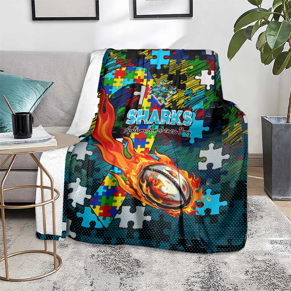 Sharks Autism Awareness Blanket Puzzle Flames Rugby Ball