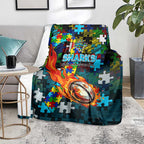Sharks Autism Awareness Blanket Puzzle Flames Rugby Ball