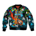 Sharks Autism Awareness Bomber Jacket Puzzle Flames Rugby Ball