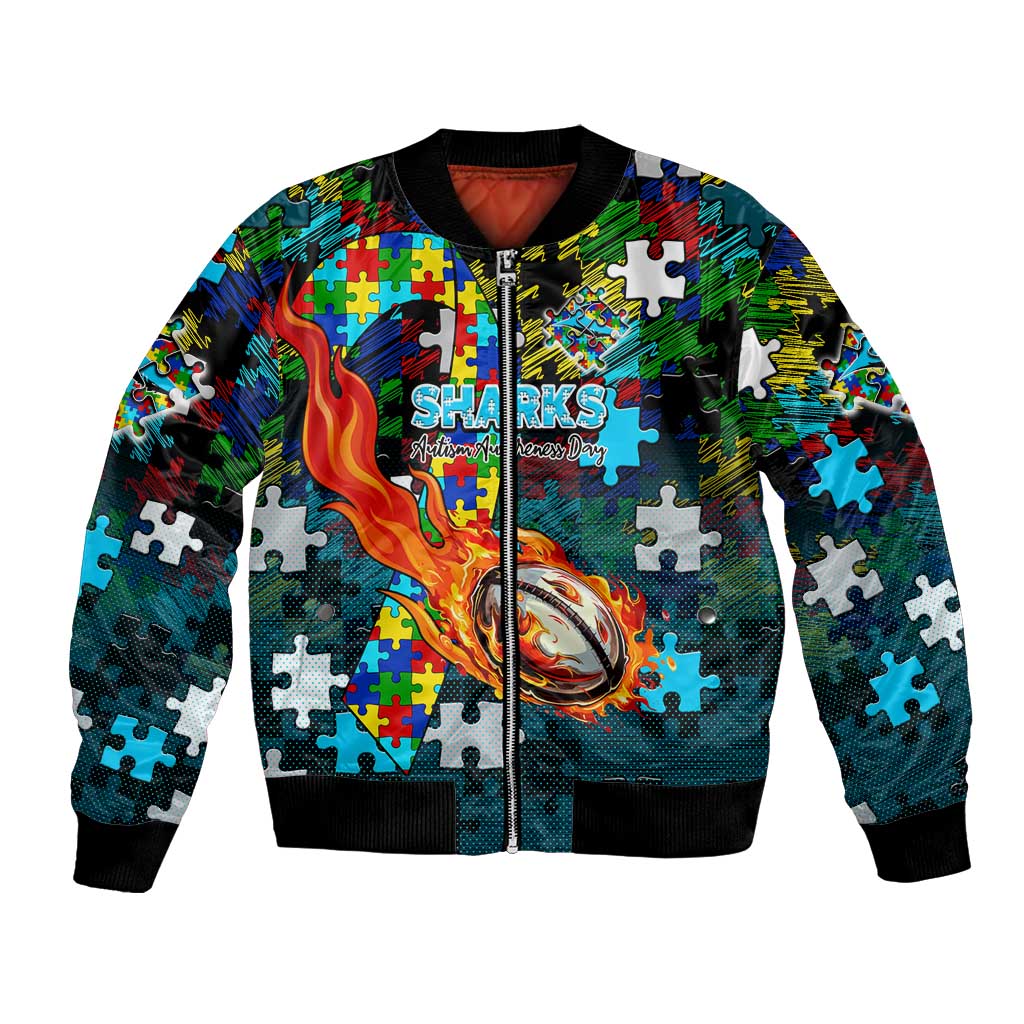 Sharks Autism Awareness Bomber Jacket Puzzle Flames Rugby Ball