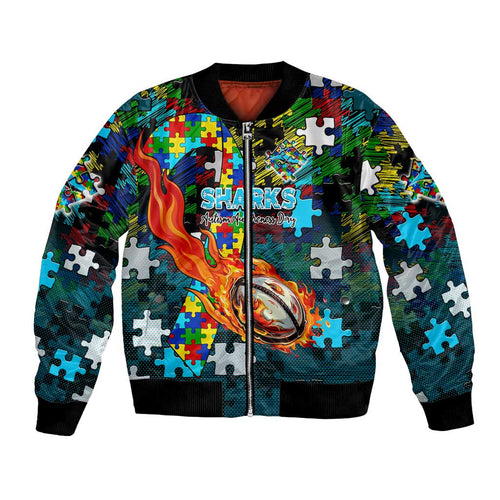 Sharks Autism Awareness Bomber Jacket Puzzle Flames Rugby Ball