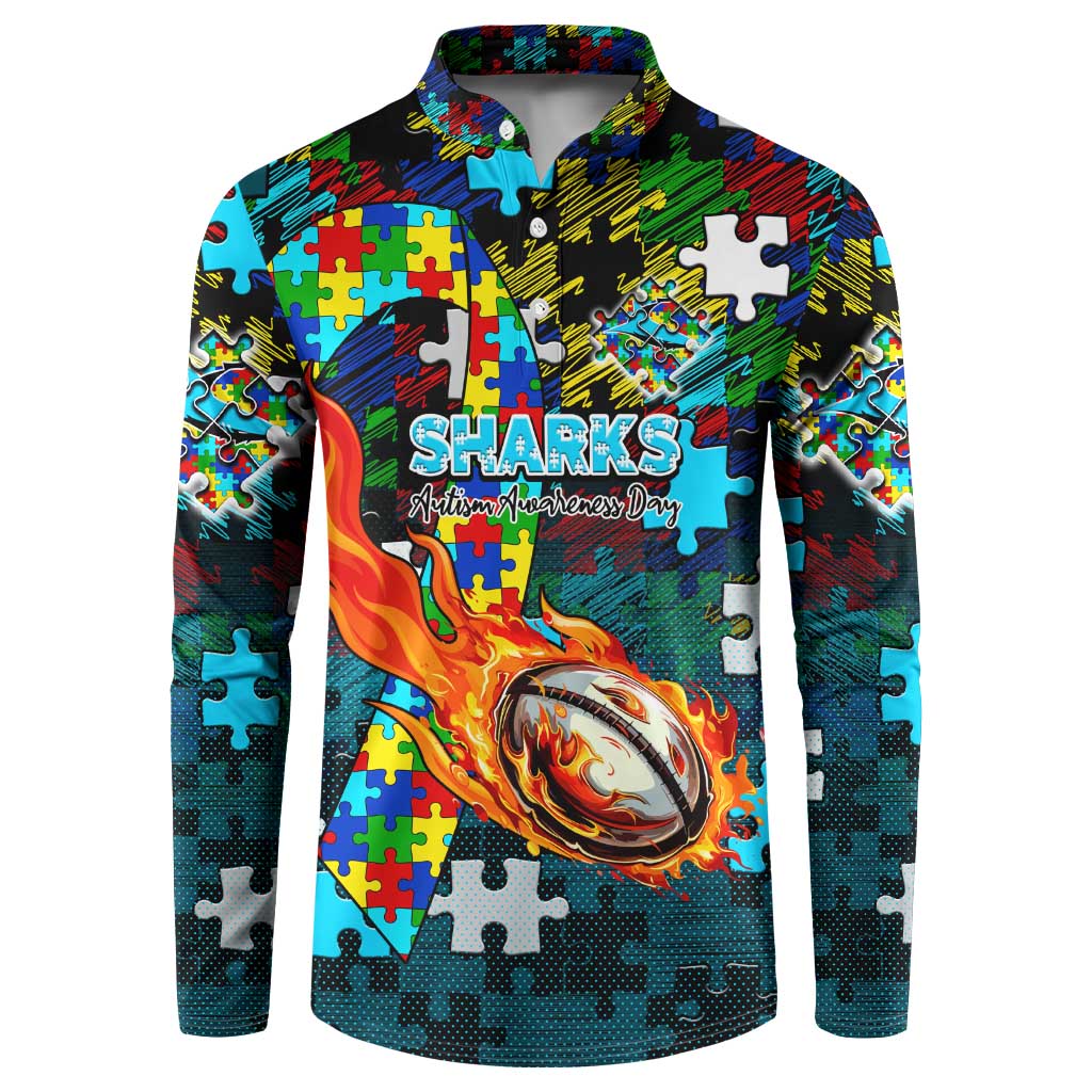 Sharks Autism Awareness Button Sweatshirt Puzzle Flames Rugby Ball