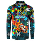 Sharks Autism Awareness Button Sweatshirt Puzzle Flames Rugby Ball