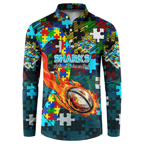 Sharks Autism Awareness Button Sweatshirt Puzzle Flames Rugby Ball