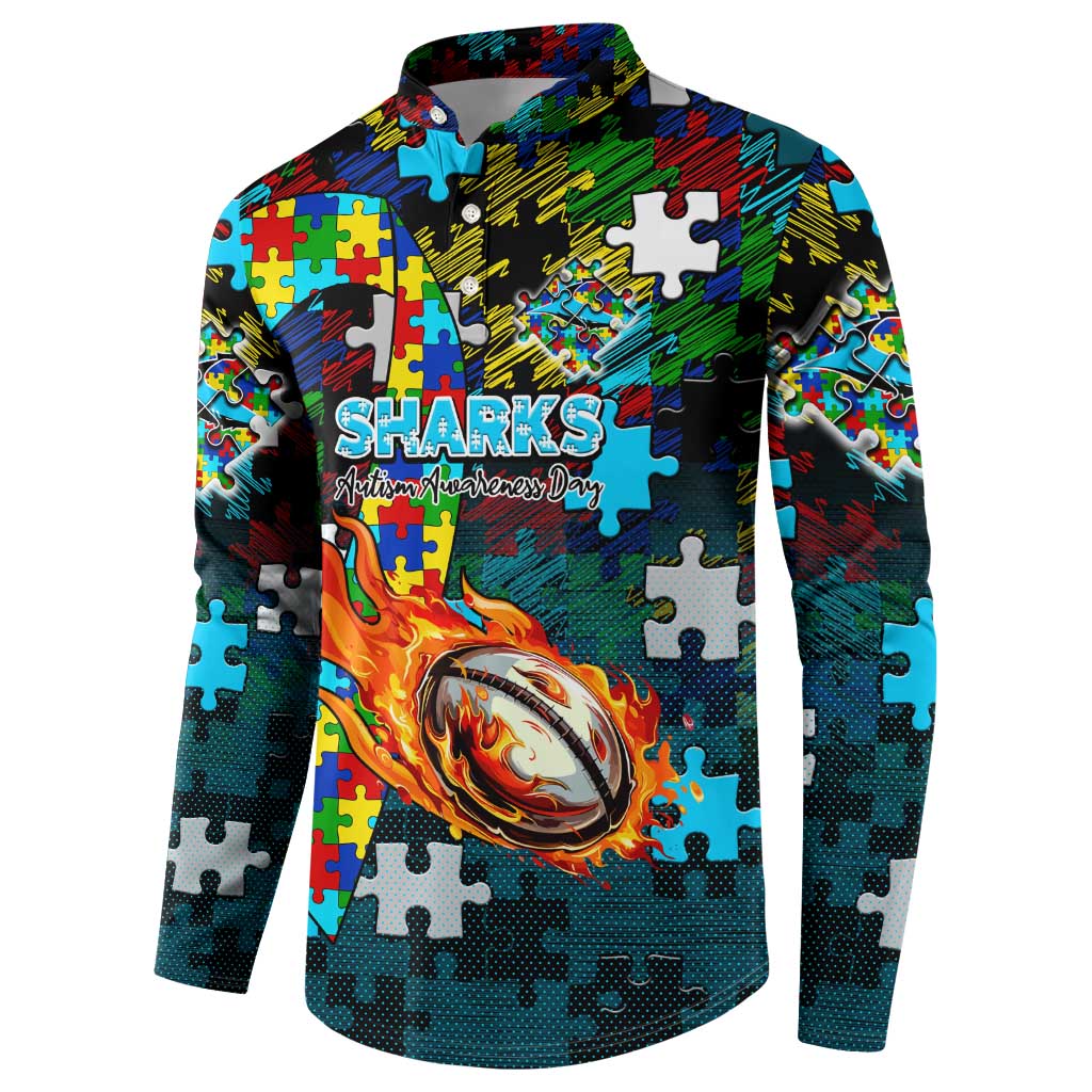 Sharks Autism Awareness Button Sweatshirt Puzzle Flames Rugby Ball