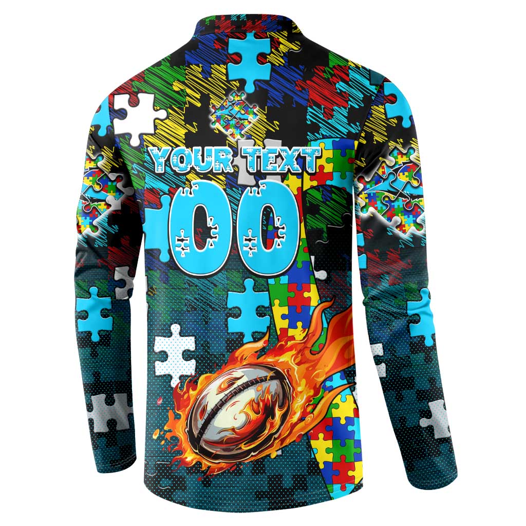 Sharks Autism Awareness Button Sweatshirt Puzzle Flames Rugby Ball