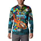 Sharks Autism Awareness Button Sweatshirt Puzzle Flames Rugby Ball