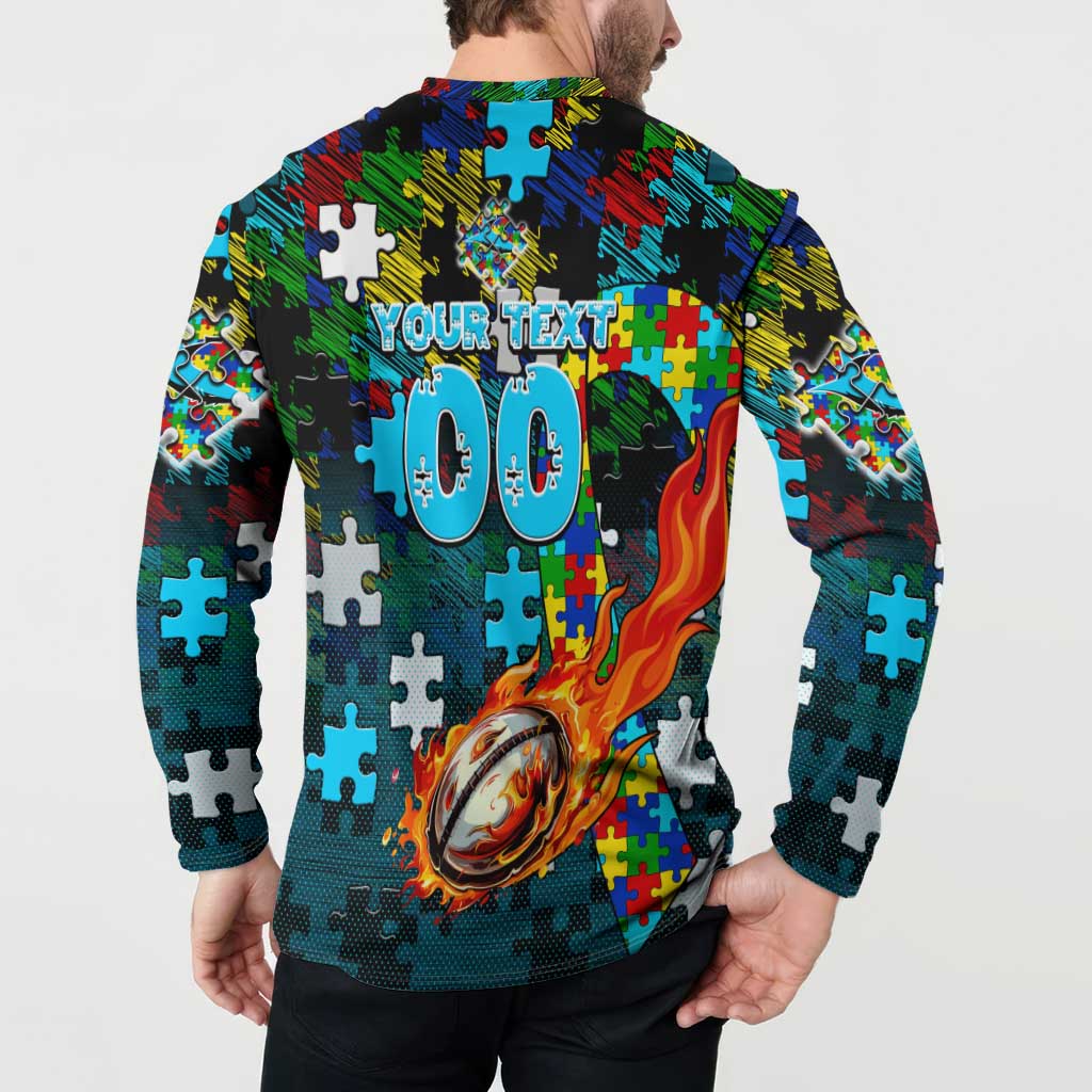 Sharks Autism Awareness Button Sweatshirt Puzzle Flames Rugby Ball