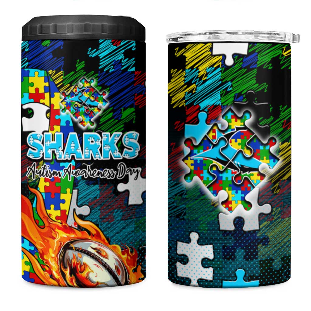 Sharks Autism Awareness 4 in 1 Can Cooler Tumbler Puzzle Flames Rugby Ball