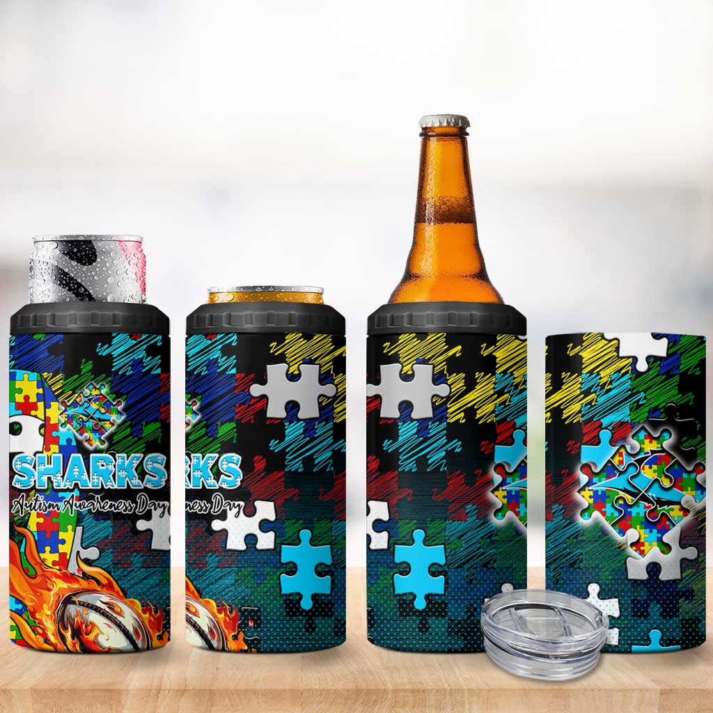 Sharks Autism Awareness 4 in 1 Can Cooler Tumbler Puzzle Flames Rugby Ball