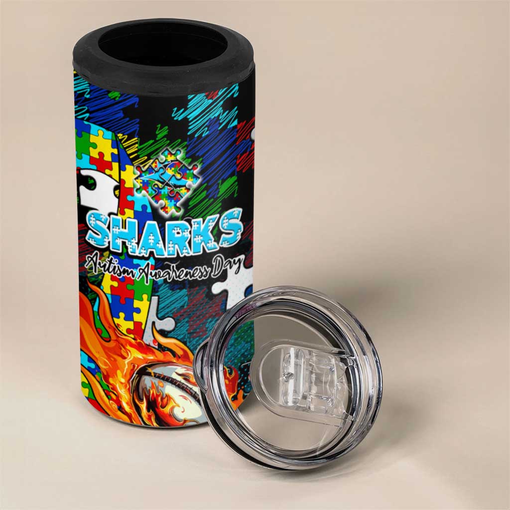 Sharks Autism Awareness 4 in 1 Can Cooler Tumbler Puzzle Flames Rugby Ball