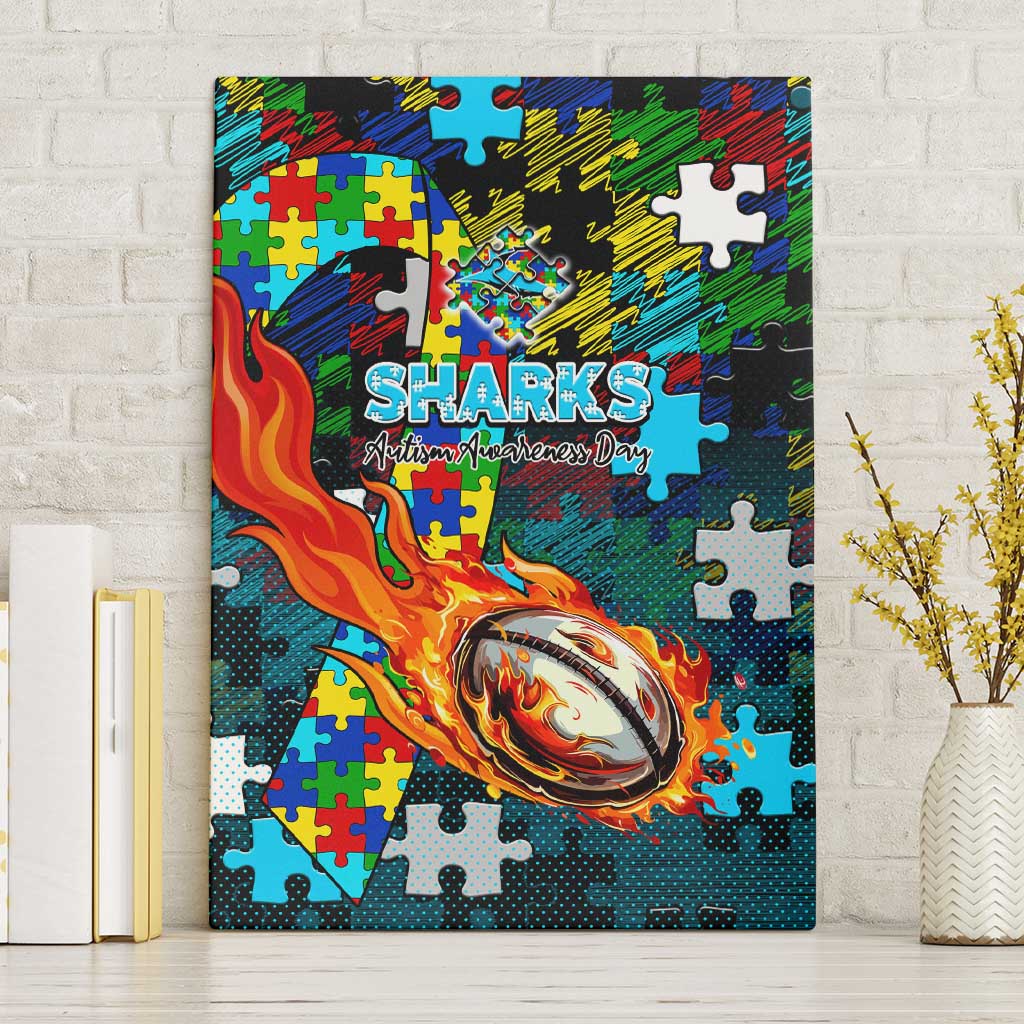 Sharks Autism Awareness Canvas Wall Art Puzzle Flames Rugby Ball
