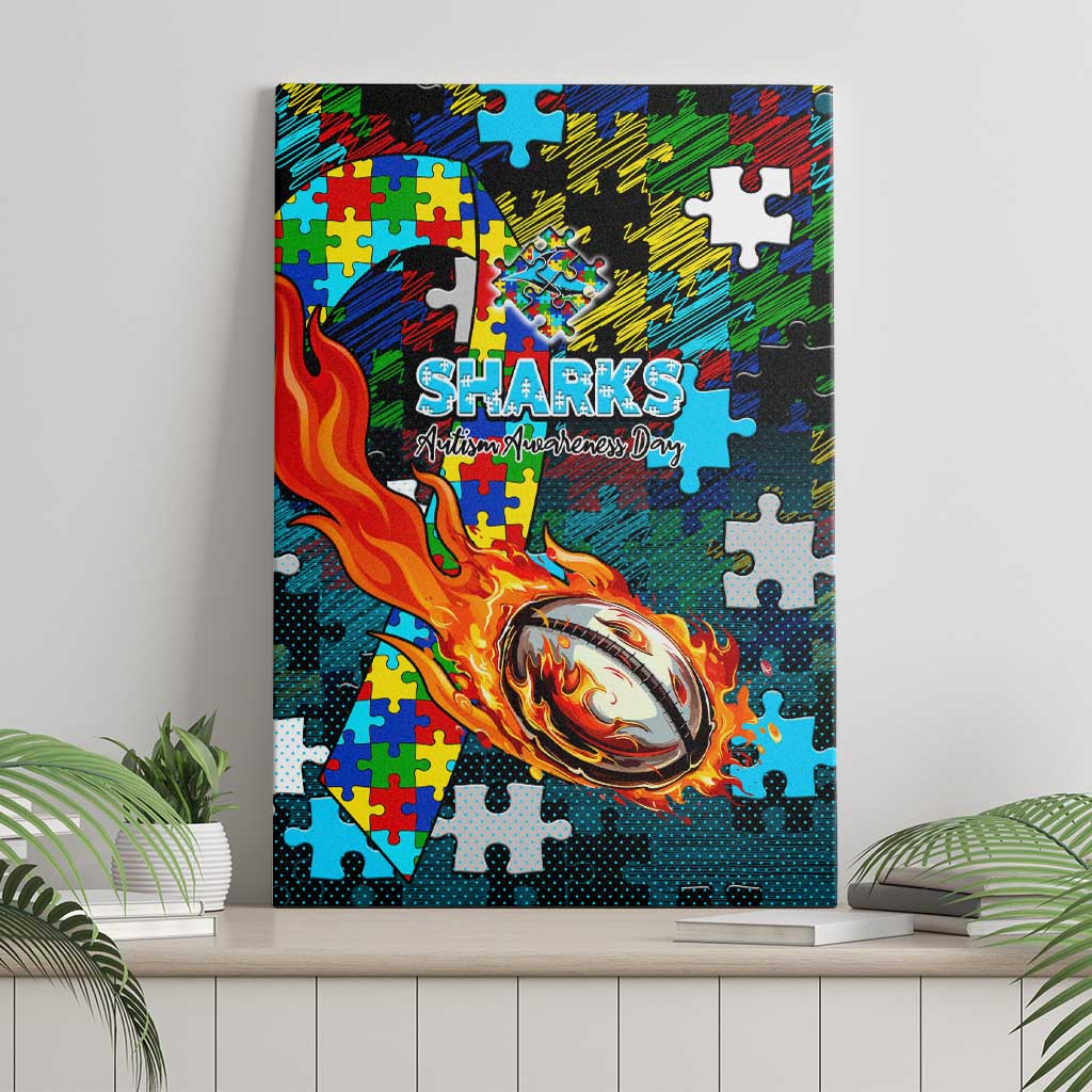 Sharks Autism Awareness Canvas Wall Art Puzzle Flames Rugby Ball