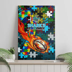 Sharks Autism Awareness Canvas Wall Art Puzzle Flames Rugby Ball