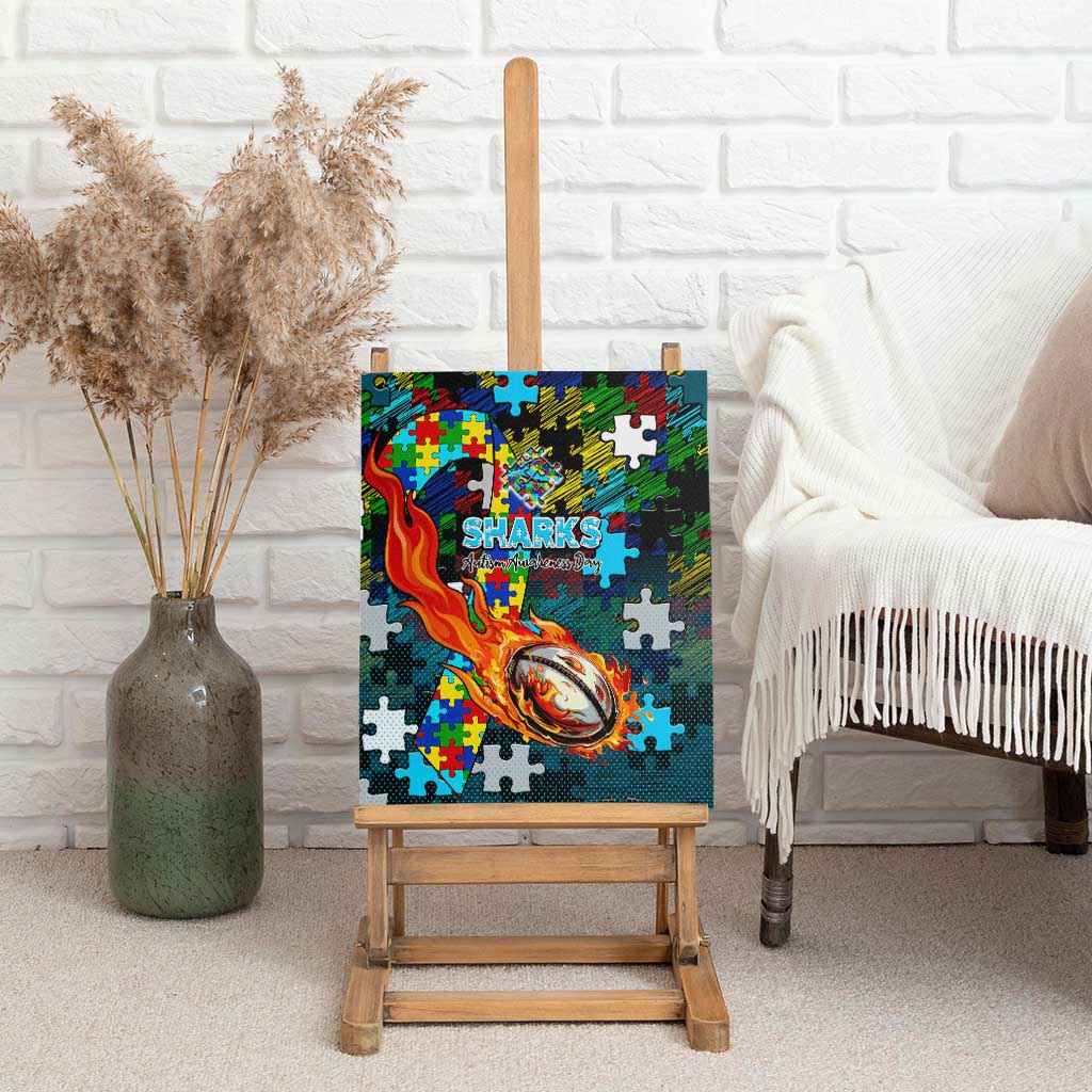 Sharks Autism Awareness Canvas Wall Art Puzzle Flames Rugby Ball