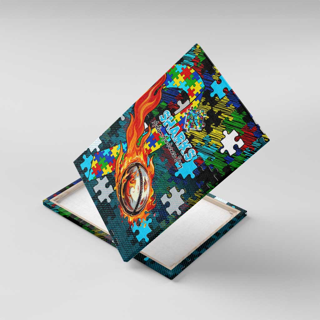 Sharks Autism Awareness Canvas Wall Art Puzzle Flames Rugby Ball