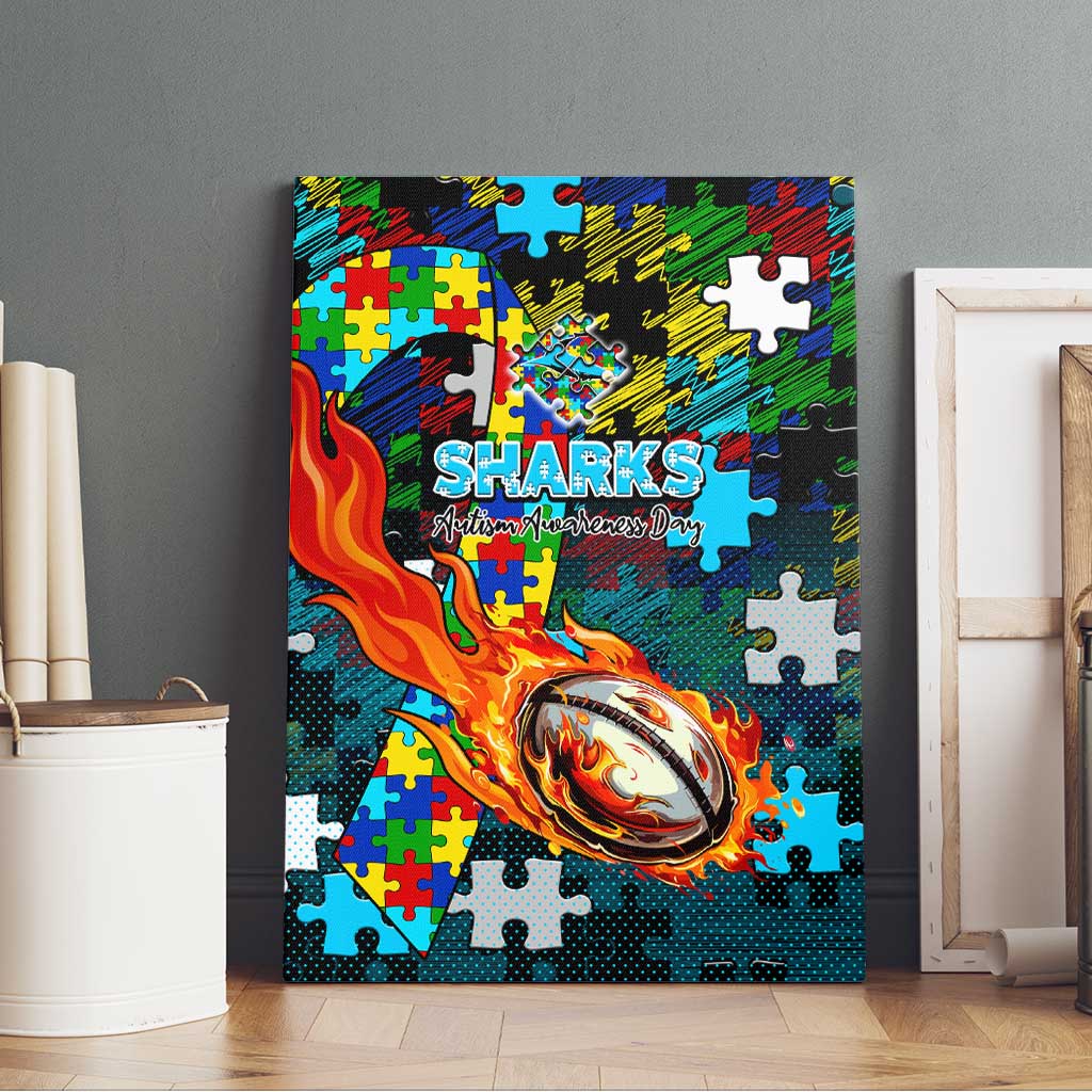 Sharks Autism Awareness Canvas Wall Art Puzzle Flames Rugby Ball